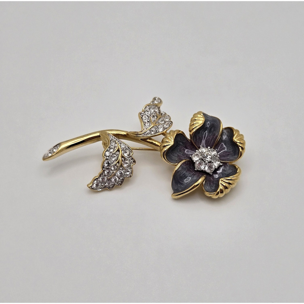 Vintage Nolan Miller Brooch Enamel Flower Rhinestone Goldtone Pin Classic Retro - Picture 5 of 12